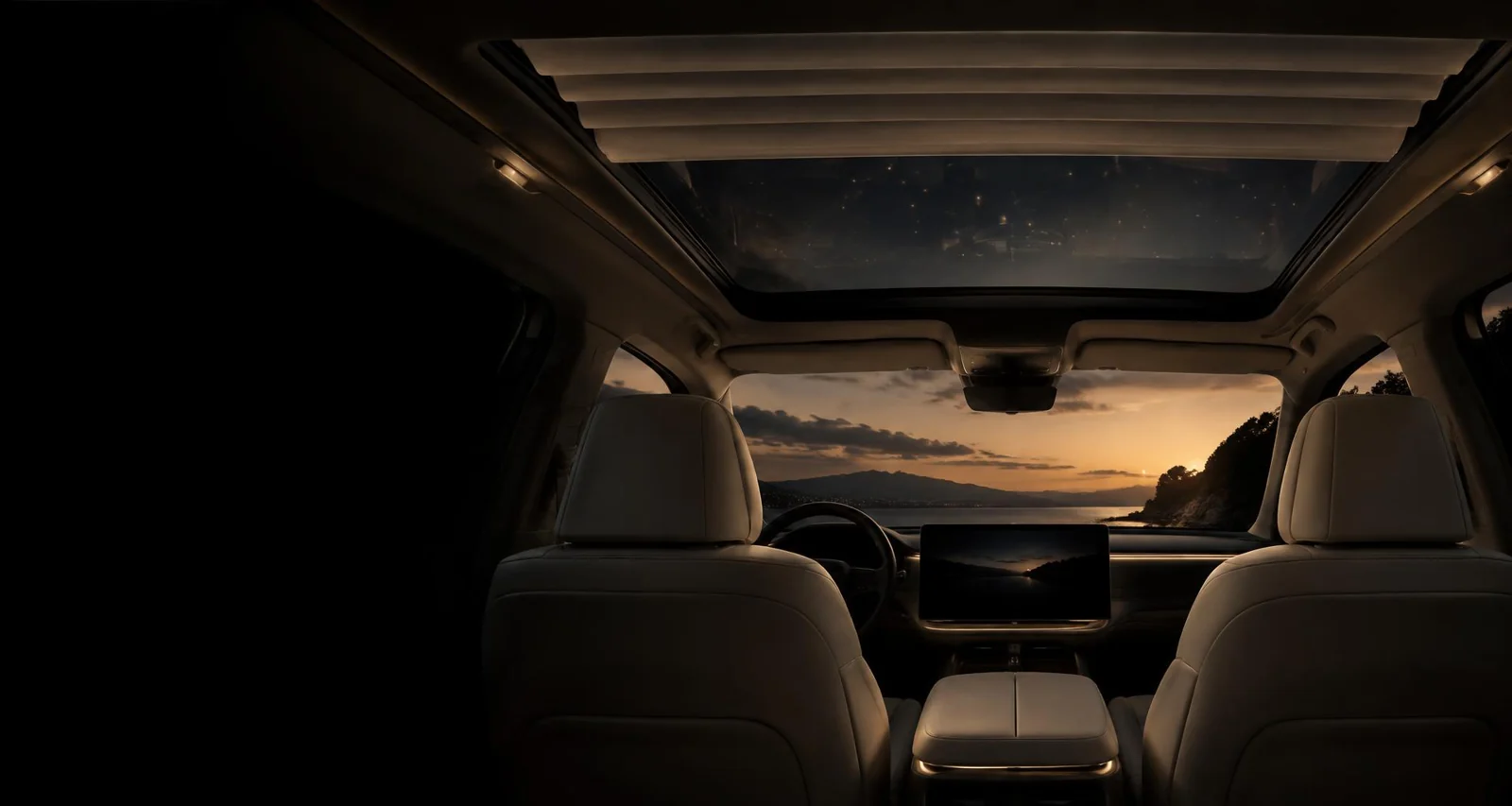 Illustrative view of a premium car cabin with cream seats, a panoramic roof with subtle starlight points and a partially retracted Automatic Sunshade Roof